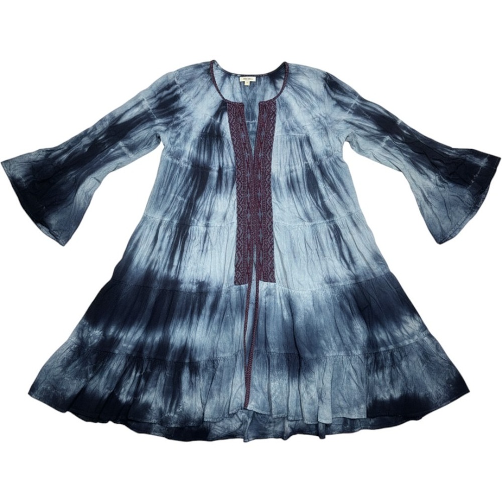 Kyla Seo Tie Dye Tiered Tunic Dress Blue White Boho Bell Sleeve Rayon Small FLAW